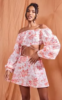 PrettyLittleThing Оранжевый укороченный топ из льна с принтом и завязкой на талии, бардо с пышными рукавами