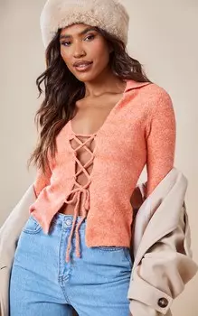 PrettyLittleThing Оранжевый вязаный топ на шнуровке Luxe