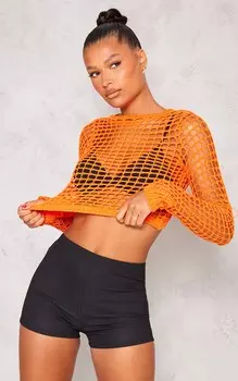 PrettyLittleThing Оранжевый вязаный топ с длинными рукавами крючком
