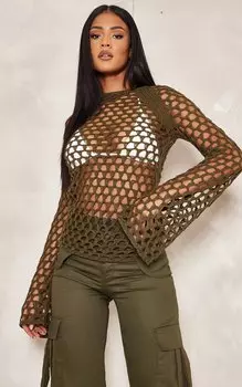 PrettyLittleThing Открытый вязаный длинный топ цвета хаки Tall Moss Khaki