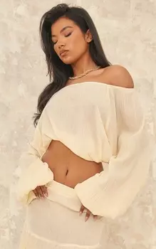 PrettyLittleThing Пастельно-желтый топ с открытыми плечами и рюшами из марли