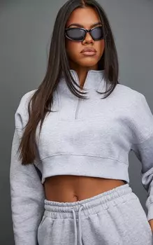 PrettyLittleThing Пепельно-серый укороченный свитер с молнией до половины