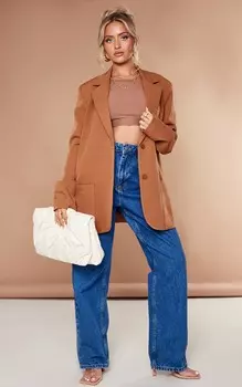 PrettyLittleThing Petite Серо-коричневый пиджак оверсайз с карманами