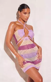 PrettyLittleThing Платье крючком в полоску овсяного цвета с перекрестием спереди