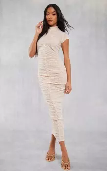 PrettyLittleThing Платье макси из флокированной сетки с высоким воротником и рюшами телесного цвета