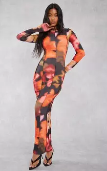 PrettyLittleThing Платье макси с длинными рукавами и размытым принтом с оверлоком