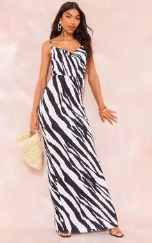 PrettyLittleThing Платье макси с плиссированными бретелями и принтом зебры Tall