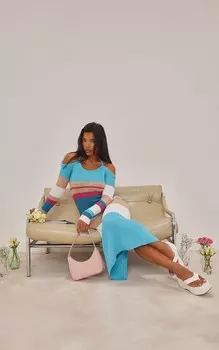 PrettyLittleThing Платье макси с завязкой через шею крючком в бирюзовую полоску