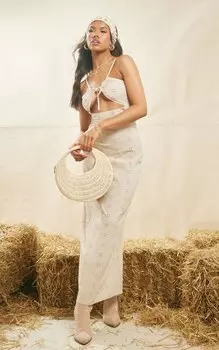 PrettyLittleThing Платье макси Stone Broderie с завязкой спереди