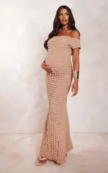 PrettyLittleThing Платье макси темно-серого цвета с открытыми плечами и пузырьковой текстурой для беременных