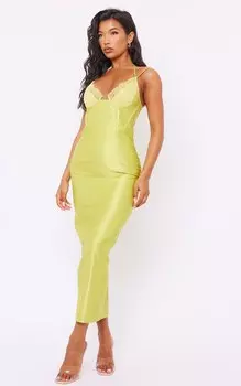 PrettyLittleThing Платье мидакси из атласного корсета салатового цвета с кружевной вставкой