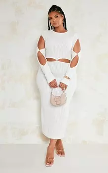 PrettyLittleThing Платье мидакси кремового цвета с фактурной лестничной клеткой и вырезами на рукавах