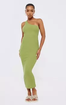 PrettyLittleThing Платье мидакси на одно плечо с фактурной ребристостью цвета хаки Sage