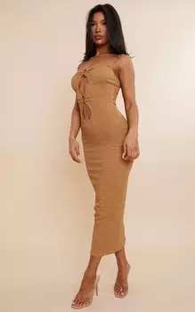 PrettyLittleThing Платье мидакси с бретелями и бретелями шоколадного цвета с вырезами и вырезами в виде колец