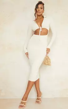 PrettyLittleThing Платье мидакси с длинными рукавами и завязками из камня с отделкой бюстом и отделкой в рубчик