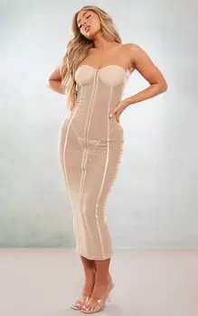 PrettyLittleThing Платье мидакси телесного цвета с сетчатым бандо и завязками на крючках
