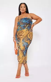 PrettyLittleThing Платье миди из шифона с разноцветным принтом и драпировкой Plus
