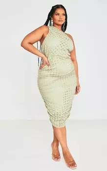 PrettyLittleThing Платье миди Plus Sage Green Broderie Anglaise со сборками