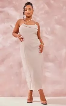 PrettyLittleThing Платье миди с асимметричными бретелями и льняным эффектом Plus Stone