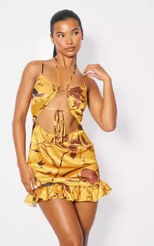 PrettyLittleThing Платье прямого кроя с принтом «Мандариновые листья» и оборками по подолу