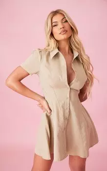 PrettyLittleThing Платье-рубашка с короткими рукавами и швами Moss Sand