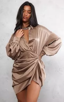 PrettyLittleThing Платье-рубашка с объемными рукавами и темно-серой атласной драпированной юбкой