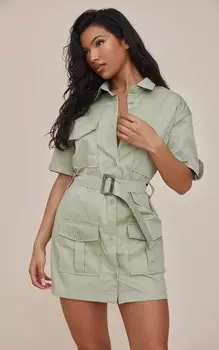 PrettyLittleThing Платье-рубашка с рукавами карго Sage и поясом