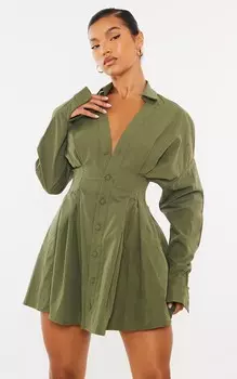 PrettyLittleThing Платье-рубашка свободного кроя цвета хаки со складками на талии