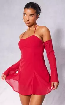 PrettyLittleThing Платье свободного кроя с шифоновыми рукавами Oxblood и оборками по подолу