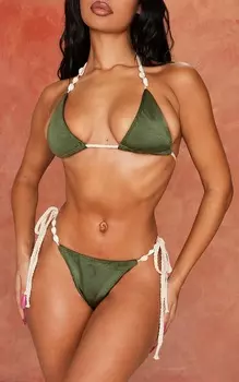 PrettyLittleThing Плавки бикини цвета хаки с отделкой ракушками и завязками по бокам
