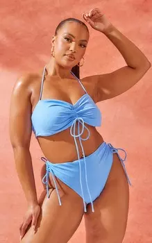PrettyLittleThing Плавки бикини с завышенной талией плюс василькового цвета со сборками по бокам