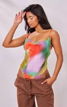 PrettyLittleThing Плиссированное боди с хомутом и разноцветным принтом