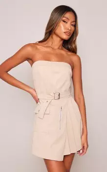 PrettyLittleThing Плиссированное облегающее платье с поясом и запахом Stone Cargo