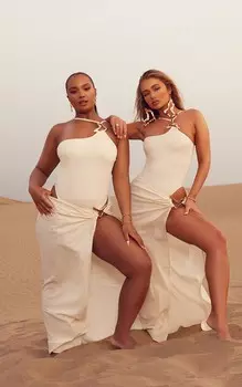 PrettyLittleThing Пляжная длинная юбка плюс с льняной отделкой цвета песочного цвета и боковым разрезом