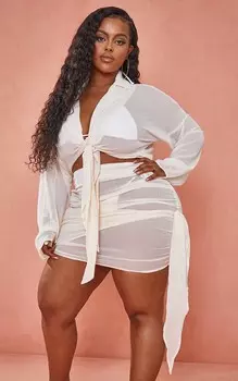 PrettyLittleThing Пляжная рубашка из кремового шифона с завязками Plus