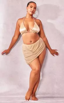 PrettyLittleThing Пляжная юбка плюс золотистая сетка со сборками и стразами