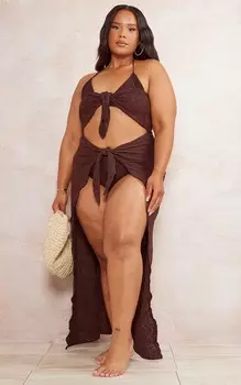 PrettyLittleThing Пляжное платье миди с текстурой шоколадного цвета и завязкой спереди