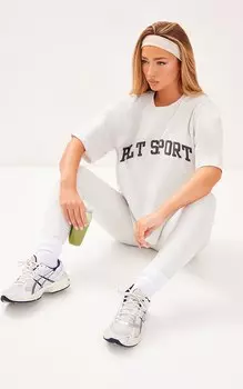 PrettyLittleThing PLT Sport Серая меланжевая футболка оверсайз с принтом Heather