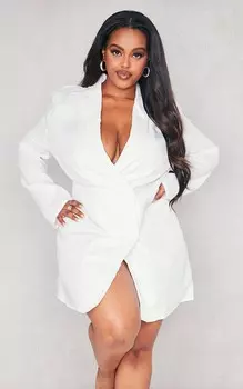 PrettyLittleThing Плюс белое двубортное платье-блейзер оверсайз