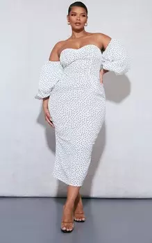 PrettyLittleThing Плюс белое платье миди-бандо в горошек с пышными рукавами