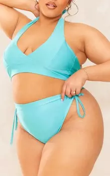 PrettyLittleThing Плюс бирюзовые плавки бикини с завышенной талией и шнуровкой по бокам