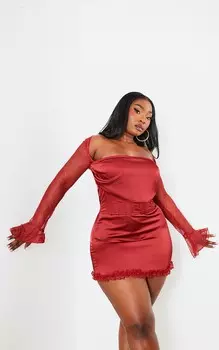 PrettyLittleThing Плюс бордовое кружевное облегающее платье с корсетом