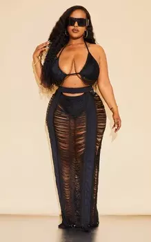 PrettyLittleThing Плюс черная длинная юбка с бахромой