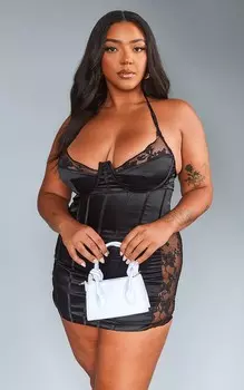 PrettyLittleThing Плюс черное облегающее платье из атласного корсета с кружевными деталями