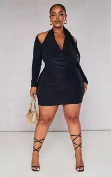 PrettyLittleThing Плюс черное облегающее платье с воротником-хомутом и длинными рукавами