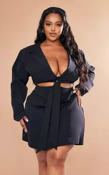 PrettyLittleThing Плюс Черное платье-блейзер с вырезом и узлом спереди