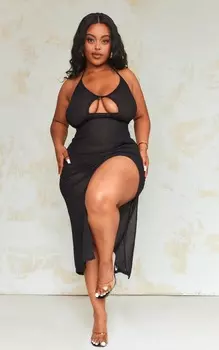 PrettyLittleThing Плюс черное платье-миди с вырезом халтер и вырезом
