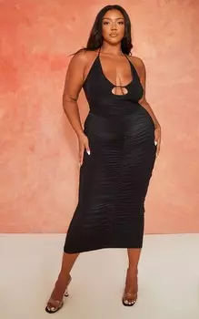 PrettyLittleThing Плюс черное платье-миди со сборками и вырезами