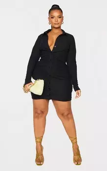 PrettyLittleThing Плюс черное платье-рубашка с длинными рукавами и рюшами в рубчик с начесом