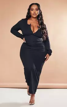 PrettyLittleThing Плюс черное текстурированное платье-миди на пуговицах